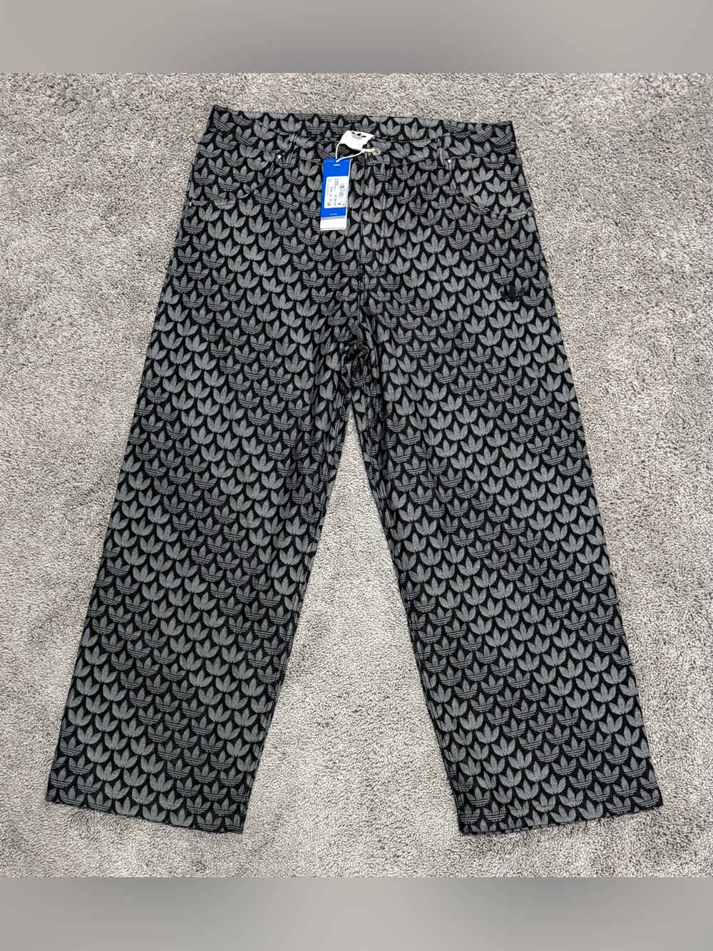 adidas Originals Denim Loose Monogram Pants Black Grey Jeans KC6380 Mens Size 38
